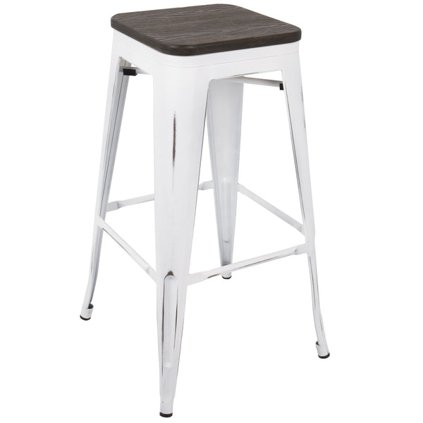 English Elm Oregon Industrial Stackable Barstool Set of 2 in Vintage White & Espresso — Rustic Steel-Wood 37" H B202P222412