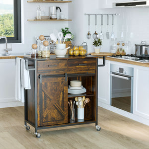 English Elm HOMCOM Rustic Brown Industrial Kitchen Cart with Rolling Wheels, Adjustable Shelf, Drawers & Barn Door Storage W2225P217417