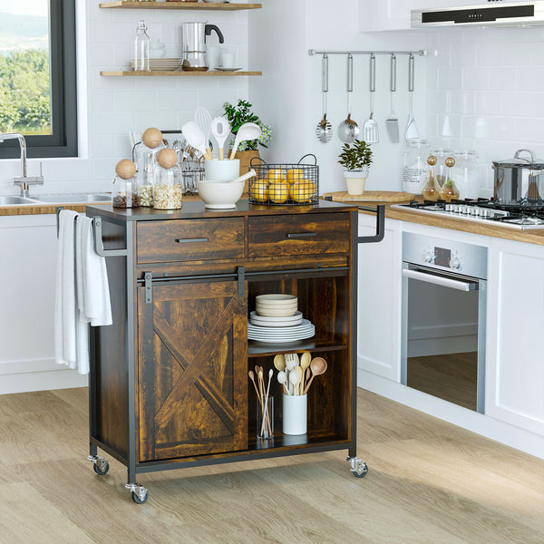 English Elm HOMCOM Rustic Brown Industrial Kitchen Cart with Rolling Wheels, Adjustable Shelf, Drawers & Barn Door Storage W2225P217417