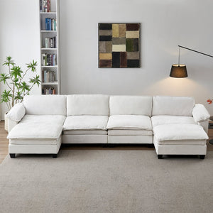 English Elm Living Room U-shape Chenille Sectional Sofa with Two Ottomans Pocket Coil Support Beige W1097S00237