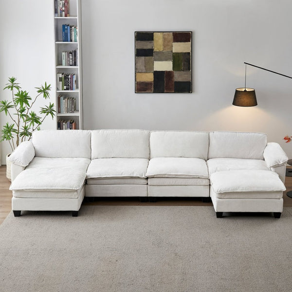 English Elm Living Room U-shape Chenille Sectional Sofa with Two Ottomans Pocket Coil Support Beige W1097S00237