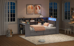 English Elm Wood Twin Size Platform Bed With Storage, Usb Charging, Desk, Led Lighting & Upholstered Headboard N7090001046E-GIGA