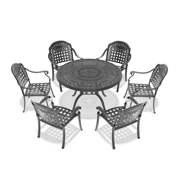 English Elm 7-piece Cast Aluminum Outdoor Dining Set Ornate Carved Patio Furniture Seats Six W1710S00566