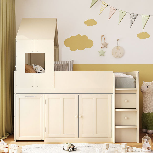 English Elm Twin House Loft Bed with Pull Out Rolling Desk Stair Drawers and Cabinet Storage Beige N820S00072A