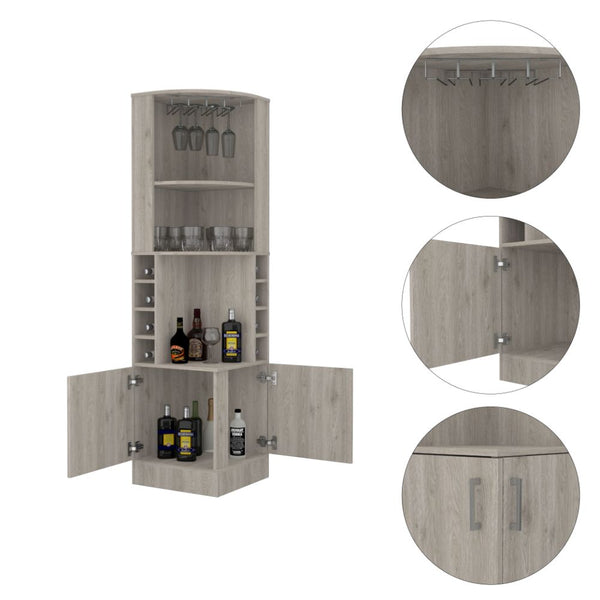 English Elm Syrah Corner Bar Cabinet with 8 Bottle Cubbies, 12-Glass Rack, Double Doors & Display Shelf for Home Spirits Light Gray 46 L x 23 W x 7 H B070P211049