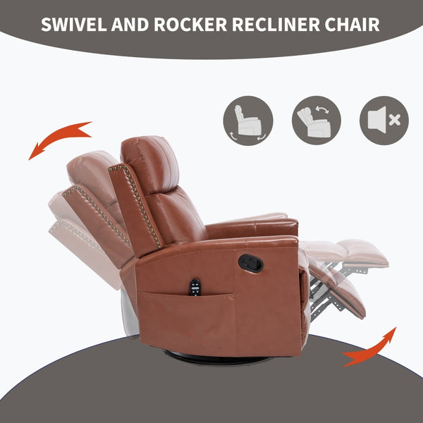 English Elm Red Genuine Leather Swivel Rocker Recliner with Massage Heat for Living Room W1803P323709