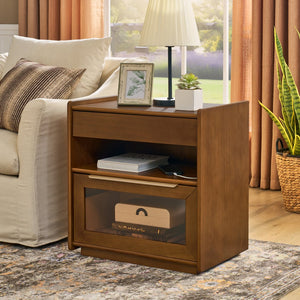 English Elm Mid Century Modern Nightstand With Usb Charging Ports, Glass Drawer & Ample Storage For Any Room W1801P303389