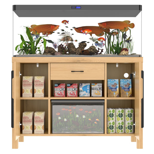 English Elm 55-75 Heavy Duty Aquarium Stand with Power Outlets, 880lb Capacity, 2 Cabinets + Drawer, Natural Finish N704P350198N