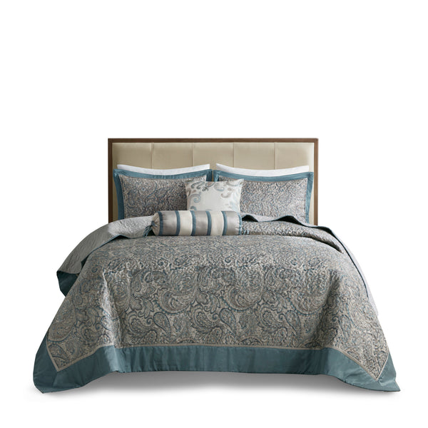 English Elm 5 Piece Jacquard Bedspread Set with Throw Pillows Queen Paisley Pattern Grey-Trimmed Quilted Luxury Teal 18.11 L x 22.83 W x 8.27 H B035P148360
