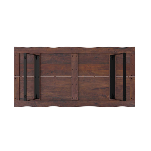 English Elm Delta Delta Dining Table handcrafted solid acacia wood 72"x36" live edge top with black iron legs durable finish Walnut B136P203497