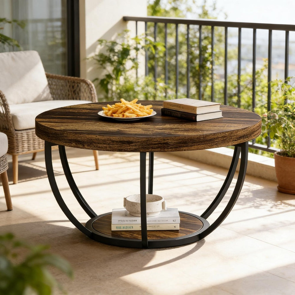 English Elm 2-tier Round Coffee Table Engineered Wood Top Arc Steel Legs Living Room Accent Rustic T3971P453343