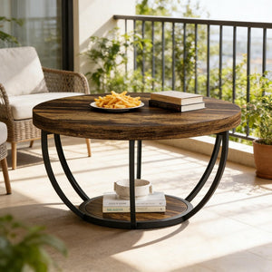 English Elm 2-tier Round Coffee Table Engineered Wood Top Arc Steel Legs Living Room Accent Rustic T3971P453343