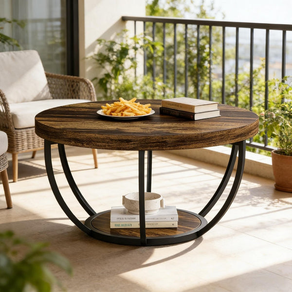 English Elm 2-tier Round Coffee Table Engineered Wood Top Arc Steel Legs Living Room Accent Rustic T3971P453343