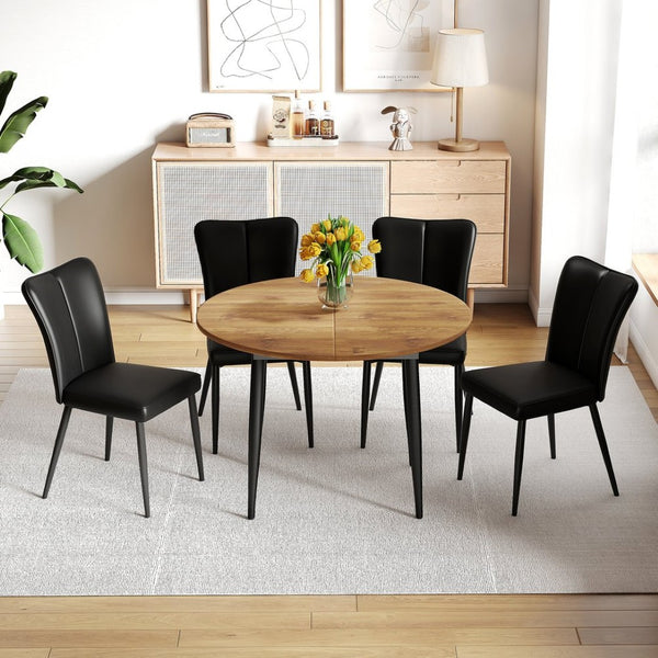 English Elm Table And Chair Set - Modern Extendable Mdf Dining Table With 4 Stylish Black Pu Chairs For Gatherings W1151S04145-GIGA