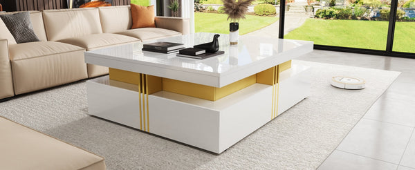 English Elm Modern Square Storage Coffee Table with 4 Drawers, 43.3" Top, Minimalist Durable MDF Design, White Glossy White CH359402AAK