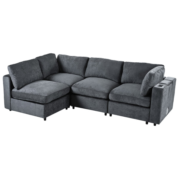 English Elm U-style 113" Upholstered Modular Sofa with Built-In Bluetooth Audio, Wireless Charging & Storage Grey WY000457AAE