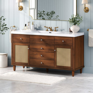 English Elm 60" Boutique Bathroom Vanity Rattan Doors Soft Close Drawers Smc Sink Pine Legs Brown N817P397678B
