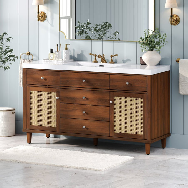 English Elm 60" Boutique Bathroom Vanity Rattan Doors Soft Close Drawers Smc Sink Pine Legs Brown N817P397678B