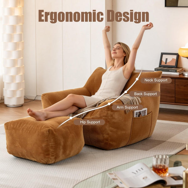 English Elm Bean Bag Chair with Armrests Shredded Foam Fill Oversized Lounge Seat for Adults Brown W5385P433252