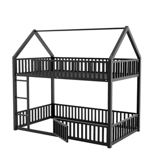 English Elm Metal Twin over Twin House Bunk Bed with Playful Roof, Sturdy Metal Frame, Quiet Support for Kids Black N709P214091B