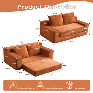 English Elm Loveseat Corduroy Bean Bag Sofa Bed with Memory Foam, Reversible Cushions, Plush Bolsters, No Assembly Required Orange W3723P346937