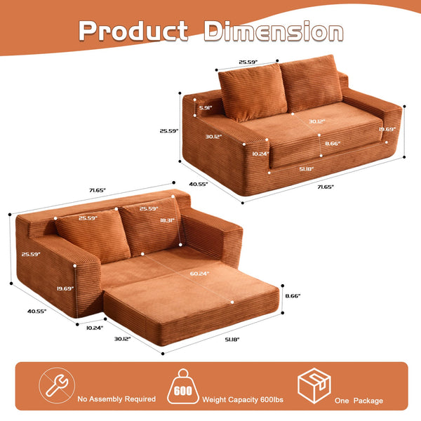 English Elm Loveseat Corduroy Bean Bag Sofa Bed with Memory Foam, Reversible Cushions, Plush Bolsters, No Assembly Required Orange W3723P346937