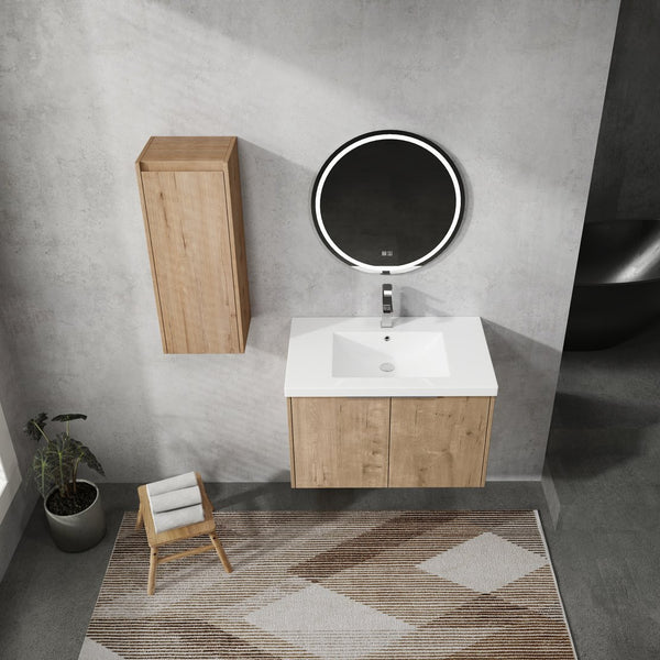 English Elm 30" Wall-Mounted Bathroom Vanity With Resin Sink & Side Cabinet For Modern Space-Saving Style W999S00219