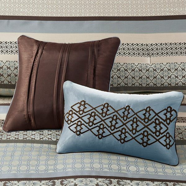 English Elm 7 Piece Comforter Set - Elegant Geometric Design In Soft Blue & Ivory For Queen Beds, Easy Care & Stylish B03597161