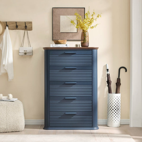 English Elm 6 Drawer Tall Fluted Chest with Waveform Fronts Slim Wooden Storage for Modern Bedroom Navy Blue T5326P425093