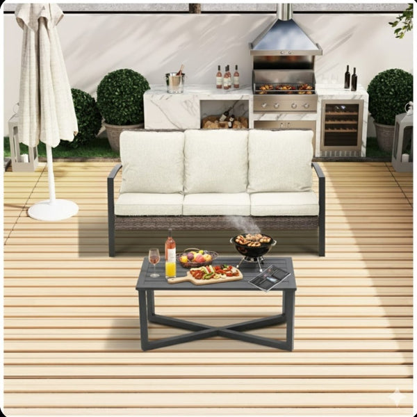 English Elm 2-piece Pe Rattan Outdoor Sofa Set with Steel Frame and Patio Coffee Table Beige B082P455165