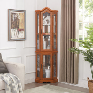 English Elm Lighted Corner Curio Cabinet With Adjustable Shelves & Tempered Glass - Elegant Oak Display Piece W1758P300132