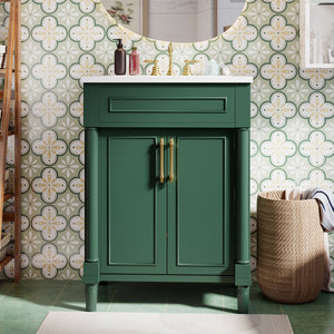 English Elm 24" Bathroom Vanity with Integrated Ceramic Sink and Adjustable Shelf, Vintage Hardware, Space-Saving Design Green N710P277711F