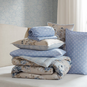 JLA Home Madison Park Essentials - 7 Piece Vintage-inspired Collection Floral Bedding Set with Reversible Comforter, Silky Microfiber Elegance Beige/Blue MPE10-1188
