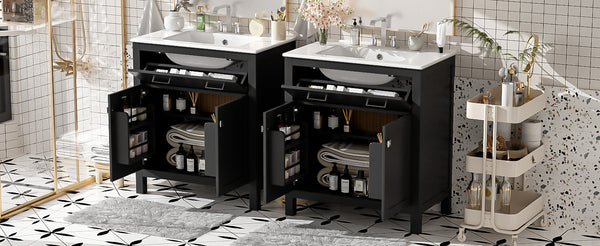 English Elm 60" Modern Bathroom Vanity Set with Double Ceramic Sinks, Soft-Close Doors, Flip Drawer & Storage Black N729P000002B