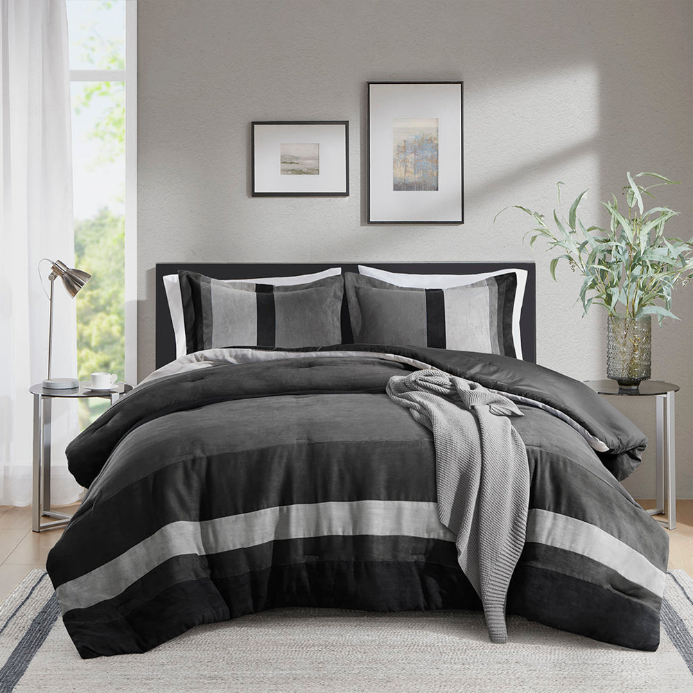 JLA Home Comfort Spaces - Pieced Faux Suede Comforter Set with Modern Two-Tone Colorblock, Oeko-Tex Certified Softness Black AM10-0030