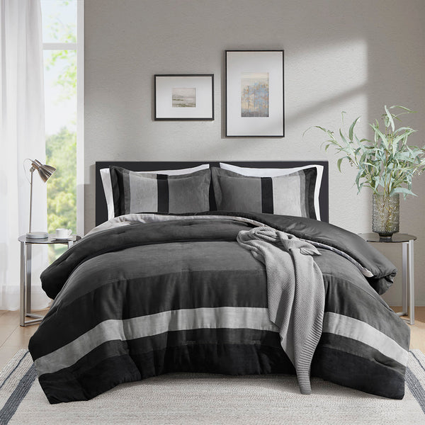 JLA Home Comfort Spaces - Pieced Faux Suede Comforter Set with Luxurious Suede-Like Face, Lightweight Warmth, Machine-Washable Elegance Black AM10-0029