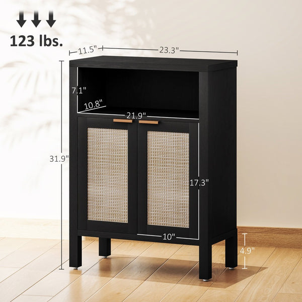 English Elm Nordic Rattan Door Buffet Cabinet with Adjustable Shelf and Golden Hardware for Dining T3971P429725