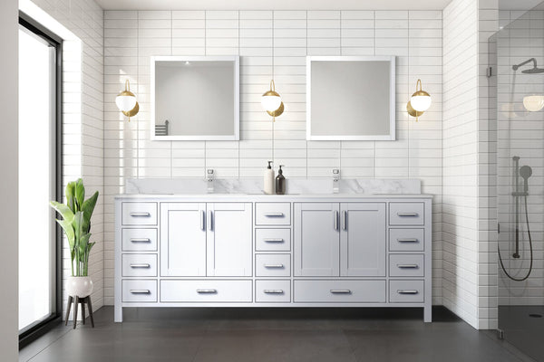 English Elm White Double Bath Vanity 84 in W x 22 in D with Carrara Marble Top, Chrome Faucet, 34in Mirrors, Durable Finish B2731S01062