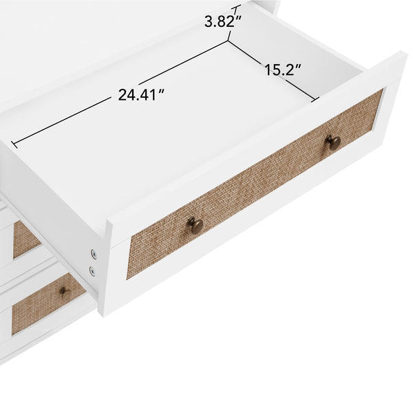 English Elm Wardrobe White 3-Drawer Armoire with Rattan Fronts, Slim Hanging Rod, Anti-Tip Safety, Bedroom Organizer W688P266052