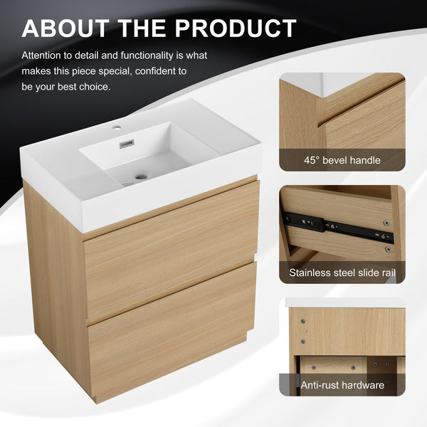 English Elm 30" Bathroom Vanities - Modern Oak Sink Cabinet With Double Drawers, Freestanding And Stylish Design W1972S00008