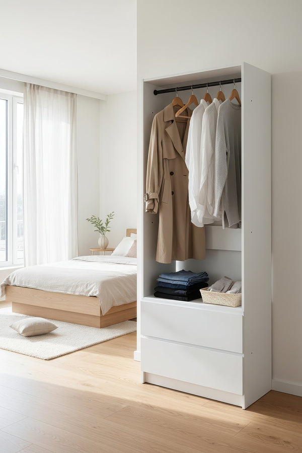 English Elm Prosper 32" White Wood Walk-In Closet System with Two Rods, Freestanding Oak Finish, Durable Melamine B040P407430