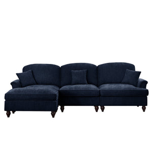 English Elm Mid Century three-seater modular L-shaped sectional sofa with removable ruffle skirts, chenille comfort and spindle legs — versatile, elegant seating solution Blue W3041S00256