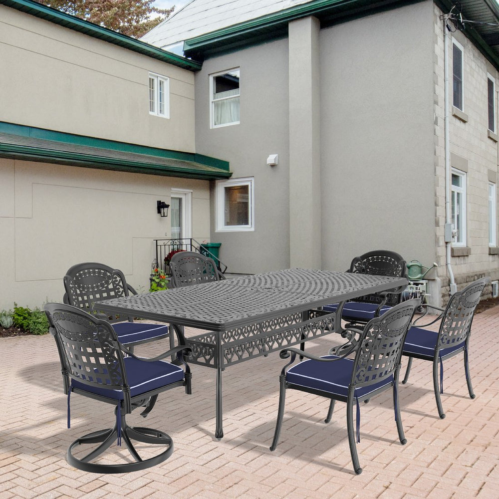 English Elm 7-Piece All-Weather Cast Aluminum Dining Set With Swivel Chairs & Cushions For Stylish Outdoor Gatherings W1710S00420