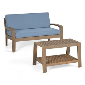 English Elm 2-piece Outdoor Acacia Wood Loveseat Set with Water-resistant Cushions for Patio Decks 57976.00SETFGRY_57976.00SETCUSH-BLUSKIN