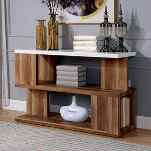English Elm Modern Sculpted Sofa Table with Two-Tone Finish, Open Shelves for Display and Minimalist Storage Elegance Natural,White 51 L x 21 W x 7 H B2741P357610