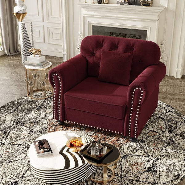 English Elm 41.3"upholstered Velvet Single Seat Sofa Button Tufted Nailhead Trim Mid-century Chesterfield Burgundy W1885P448722