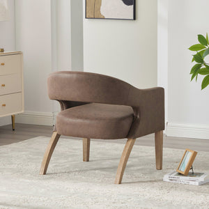 English Elm Modern Upholstered PU Open Back Accent Armchair with Weathered Rubberwood Legs and Foam Seat Comfort Coffee W3118P307509
