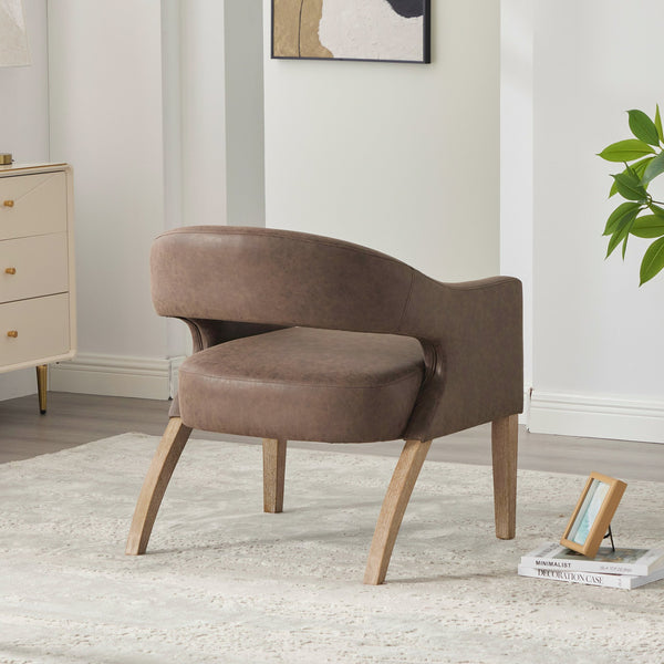 English Elm Modern Upholstered PU Open Back Accent Armchair with Weathered Rubberwood Legs and Foam Seat Comfort Coffee W3118P307509