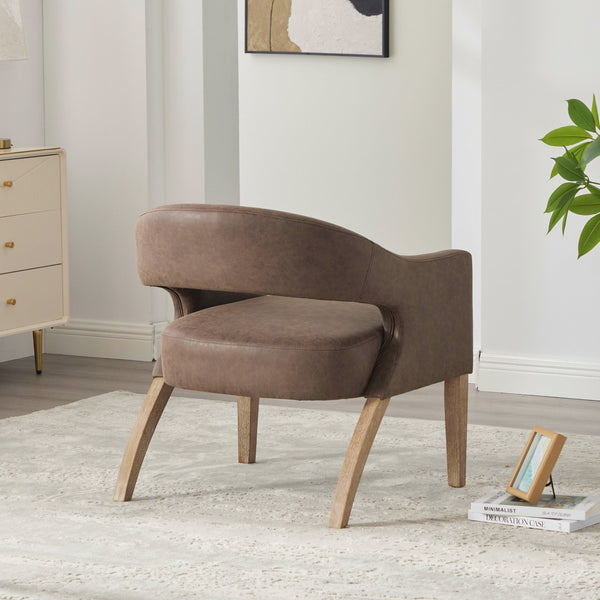 English Elm Modern Pu Leather Barrel Armchair Set of 4 with Sculpted Back Rubberwood Legs Coffee W3118S00032