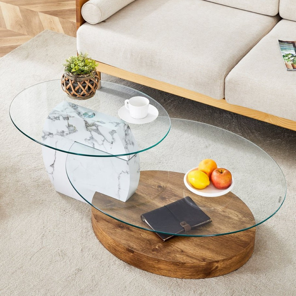 English Elm Contemporary Dual Tier Oval Glass Coffee Table with Marble and Wood Tone Base W1151P233589